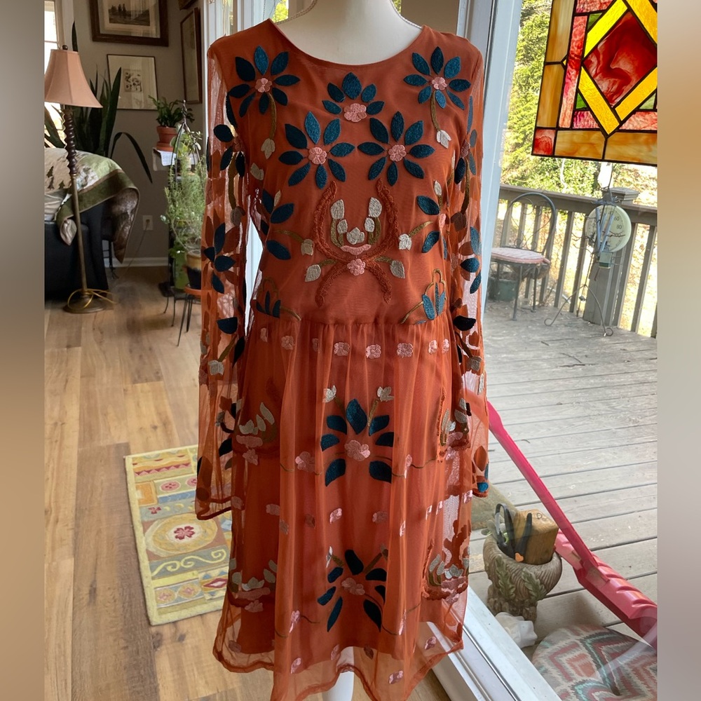 Philosophy Women's Dress Burnt Orange Lace with Floral Embroidery Size Large